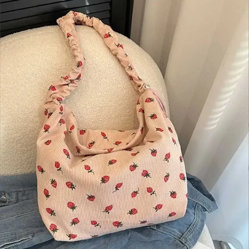 Cute Strawberry Print Corduroy Bucket Bag 🍓✨ | Stylish Pleated Crossbody Messenger Handbag for Women 💖
