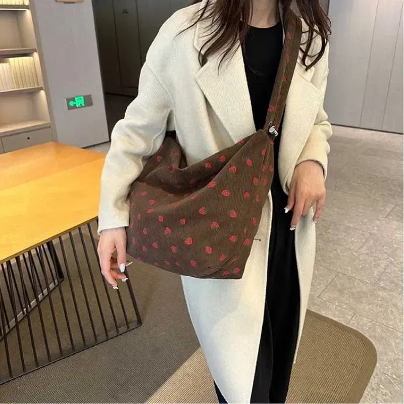 Cute Strawberry Print Corduroy Bucket Bag 🍓✨ | Stylish Pleated Crossbody Messenger Handbag for Women 💖