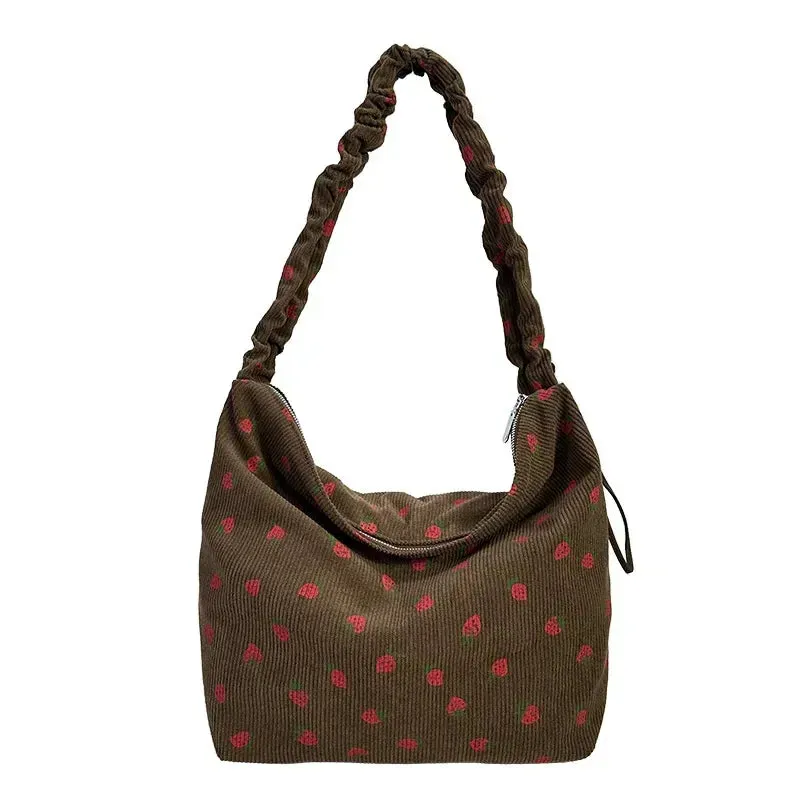 Cute Strawberry Print Corduroy Bucket Bag 🍓✨ | Stylish Pleated Crossbody Messenger Handbag for Women 💖