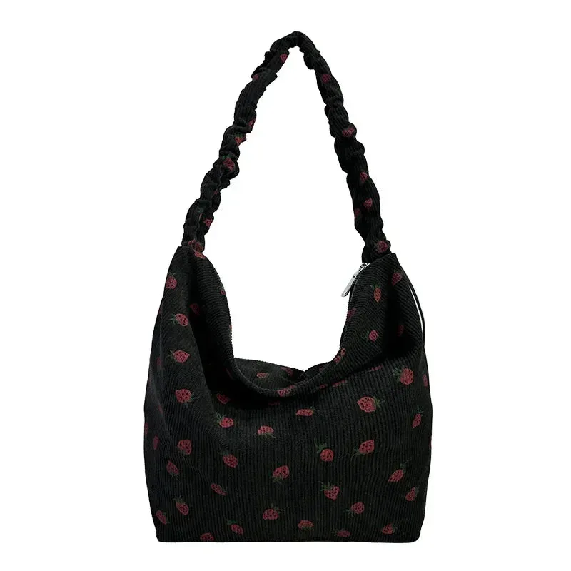 Cute Strawberry Print Corduroy Bucket Bag 🍓✨ | Stylish Pleated Crossbody Messenger Handbag for Women 💖