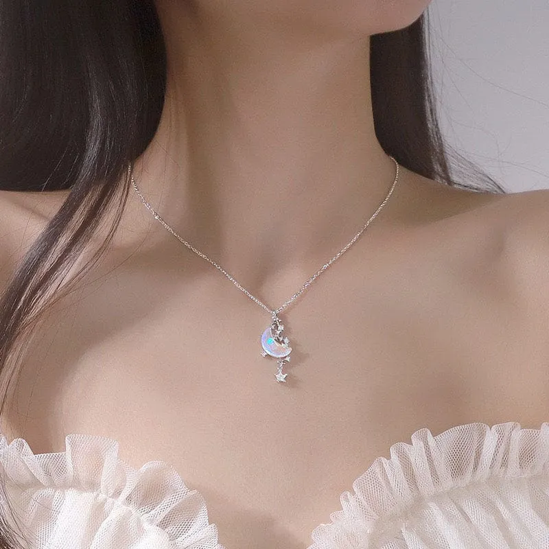 Dainty CZ Inlaid Crystal Star Moon Phase Necklace