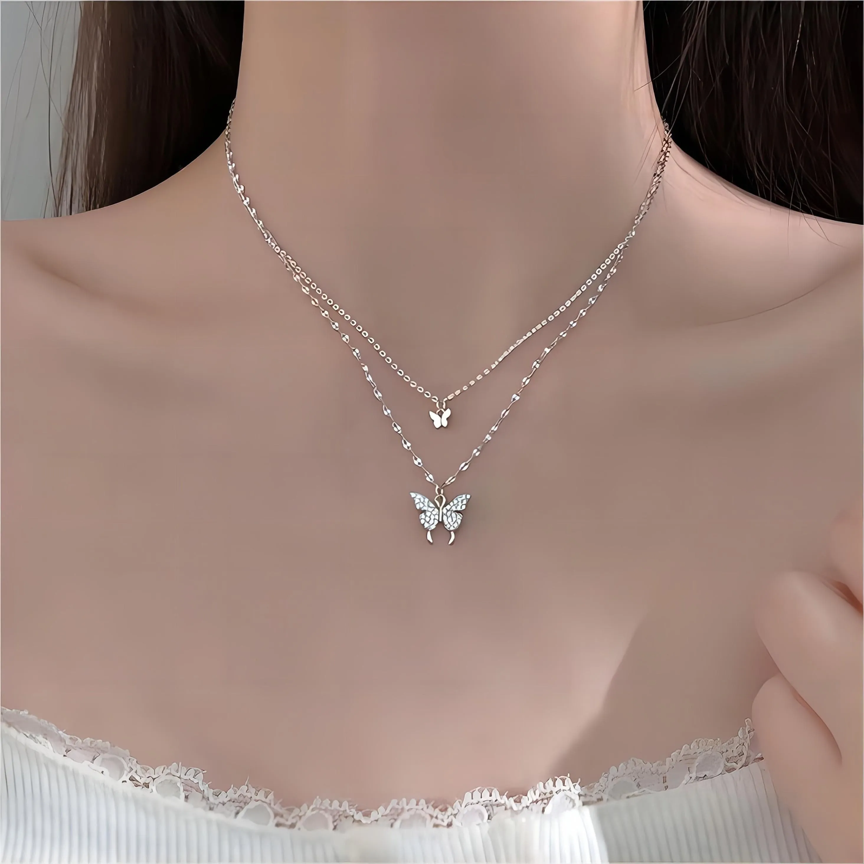 Dainty CZ Inlaid Layering Butterfly Necklace