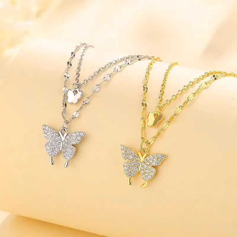Dainty CZ Inlaid Layering Butterfly Necklace