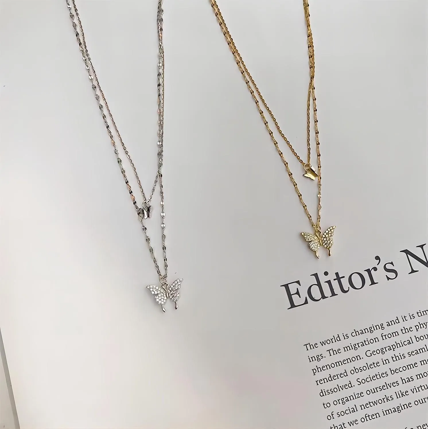 Dainty CZ Inlaid Layering Butterfly Necklace