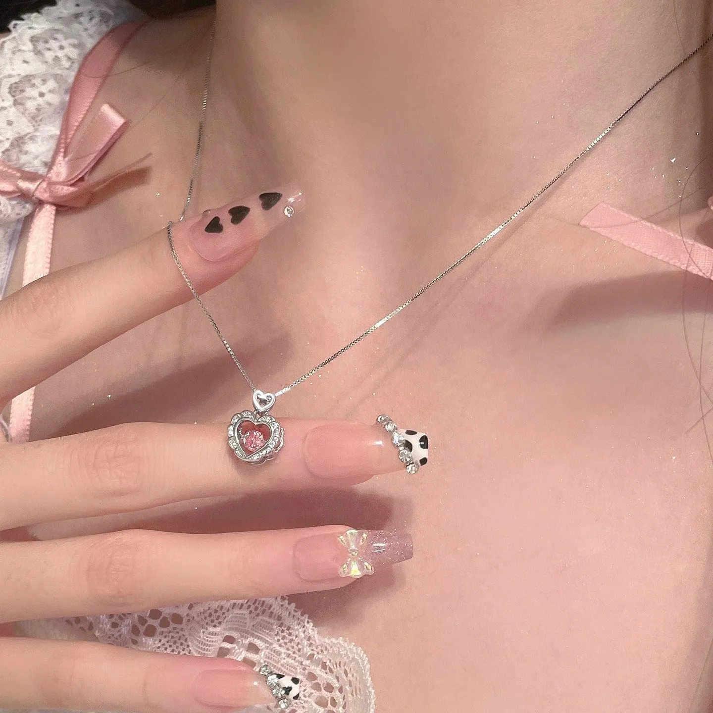 Dainty CZ Inlaid Pink Crystal Rolling Heart Pendant Necklace