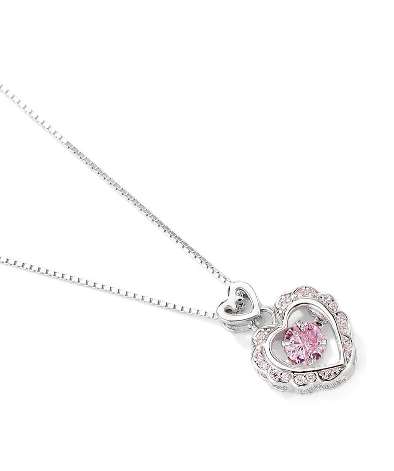 Dainty CZ Inlaid Pink Crystal Rolling Heart Pendant Necklace