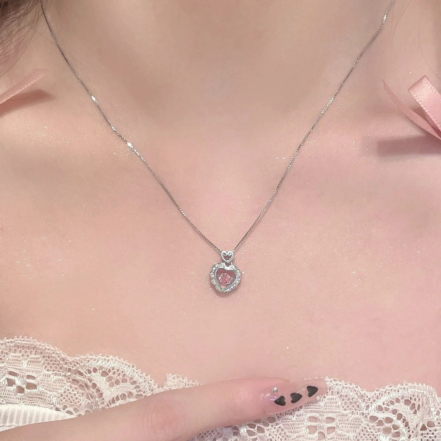 Dainty CZ Inlaid Pink Crystal Rolling Heart Pendant Necklace