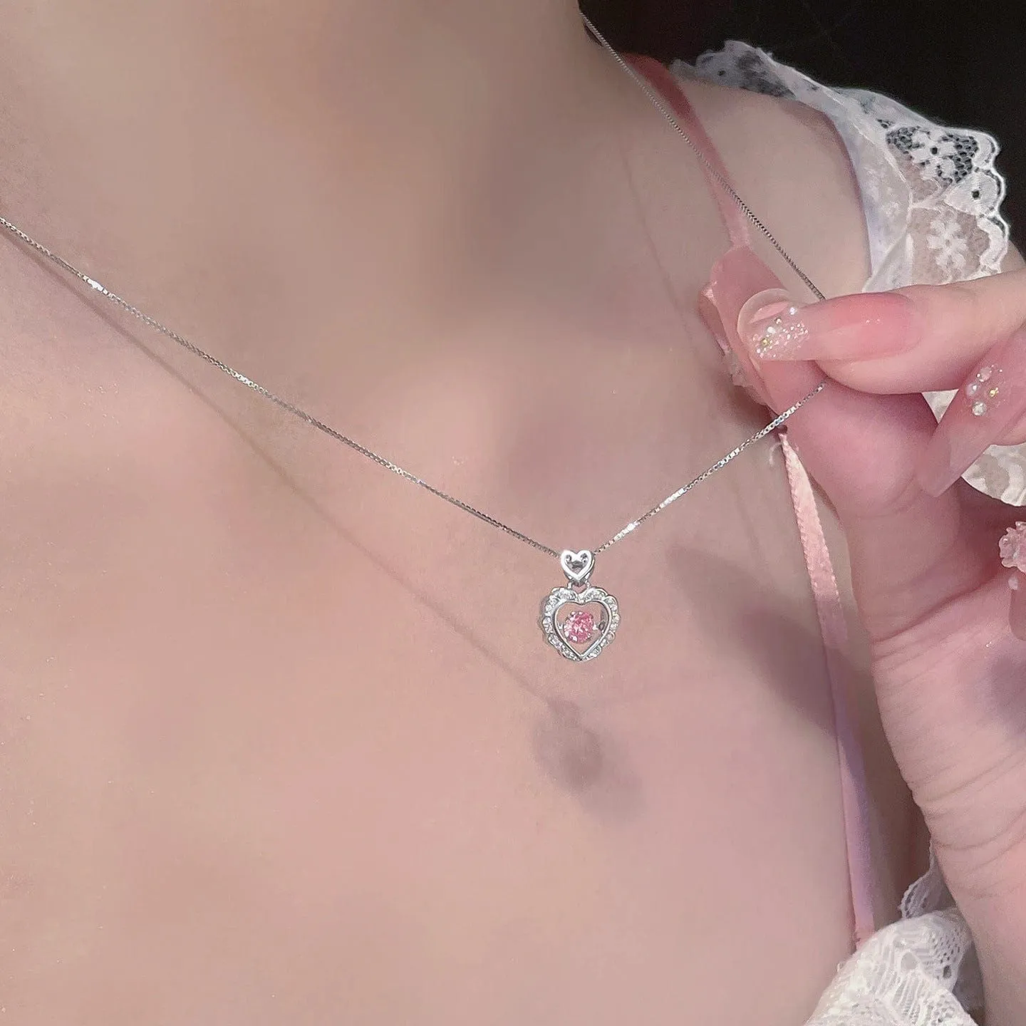 Dainty CZ Inlaid Pink Crystal Rolling Heart Pendant Necklace