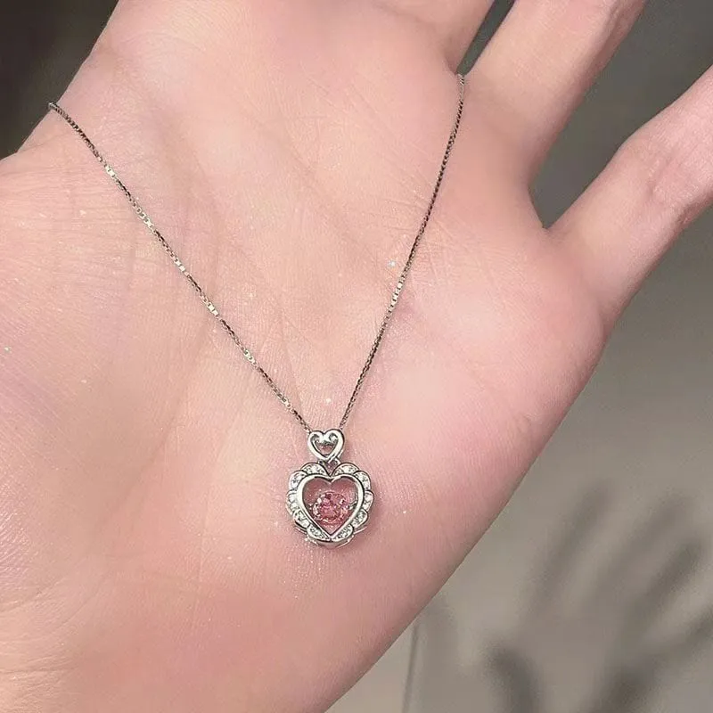 Dainty CZ Inlaid Pink Crystal Rolling Heart Pendant Necklace