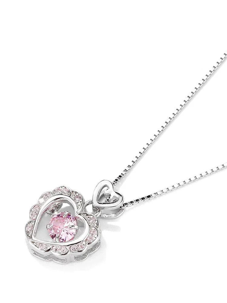 Dainty CZ Inlaid Pink Crystal Rolling Heart Pendant Necklace
