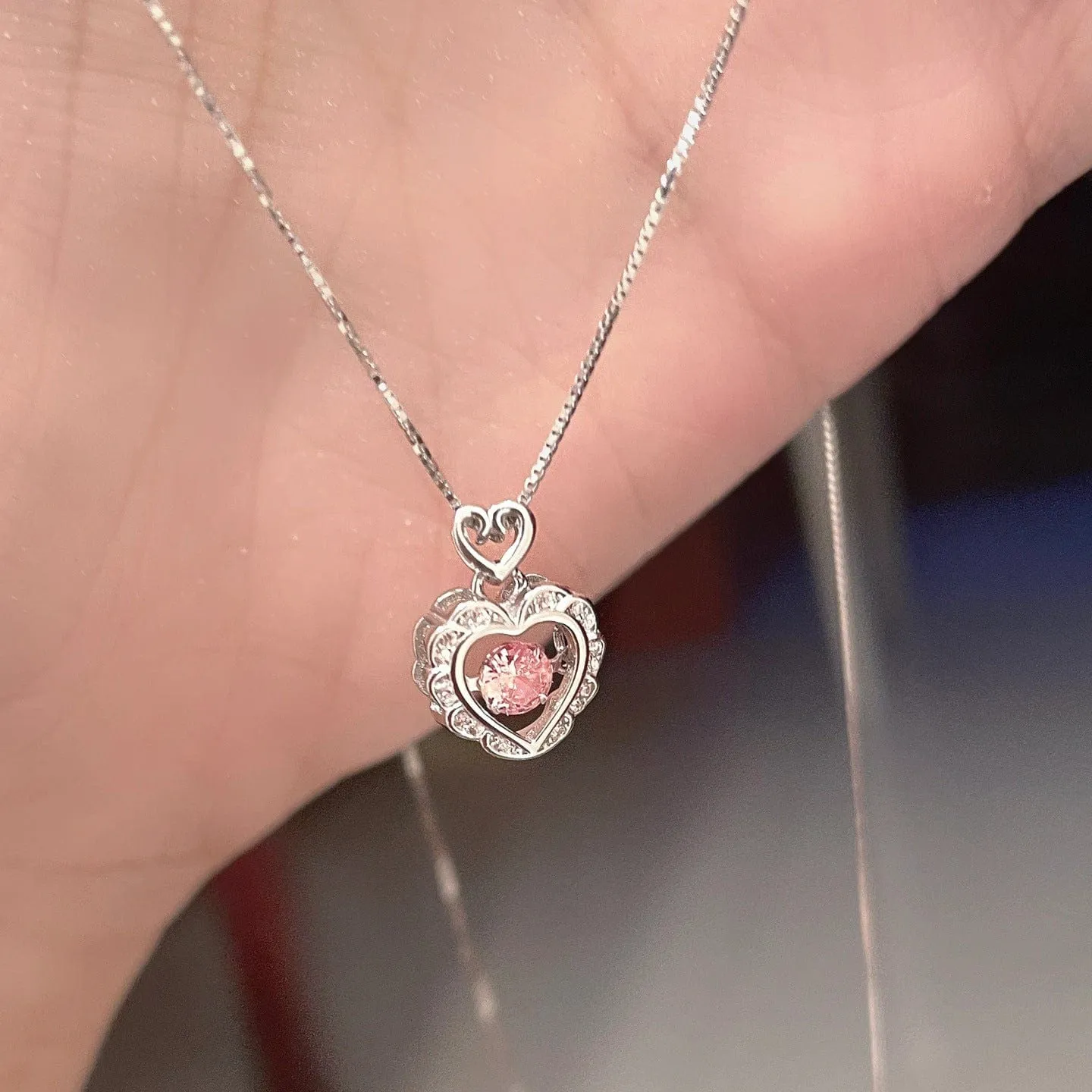 Dainty CZ Inlaid Pink Crystal Rolling Heart Pendant Necklace