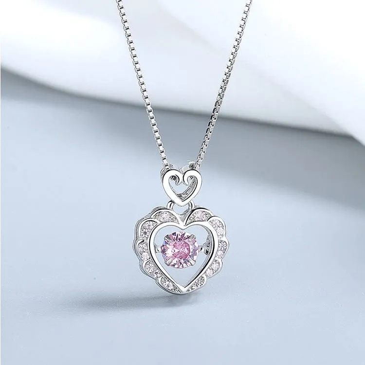 Dainty CZ Inlaid Pink Crystal Rolling Heart Pendant Necklace