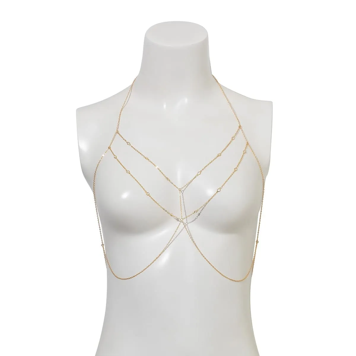 Dainty Layered Gold Silver Tone Crystal Body Chain Bra