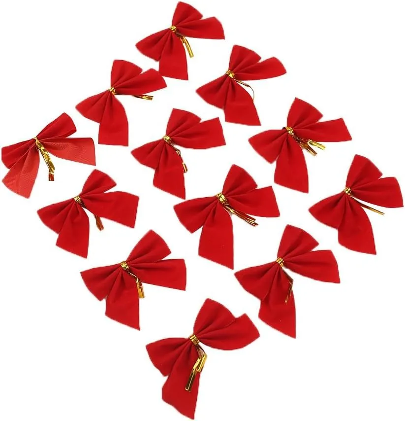 Decorative Bows, 12pcs Wreaths Bows Festival Bowknot Christmas Ribbon Bow Tie Xmas Decorative Bows Ornaments for Christmas Tree Wedding Party Gift (Red)