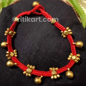 Dhokra Tribal Brass Anklet with Red Threadwork