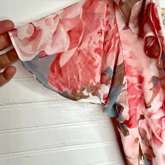 Eliza J Pink Floral Print Chiffon Faux Wrap Asymmetrical Ruffle Maxi Dress Sz 6