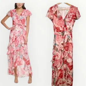 Eliza J Pink Floral Print Chiffon Faux Wrap Asymmetrical Ruffle Maxi Dress Sz 6