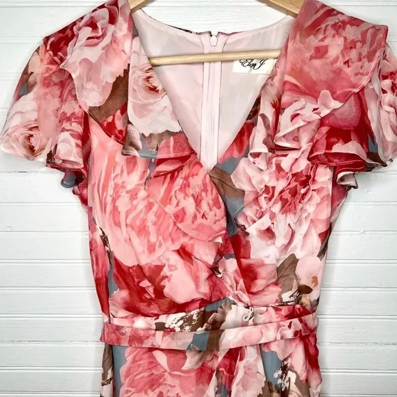 Eliza J Pink Floral Print Chiffon Faux Wrap Asymmetrical Ruffle Maxi Dress Sz 6