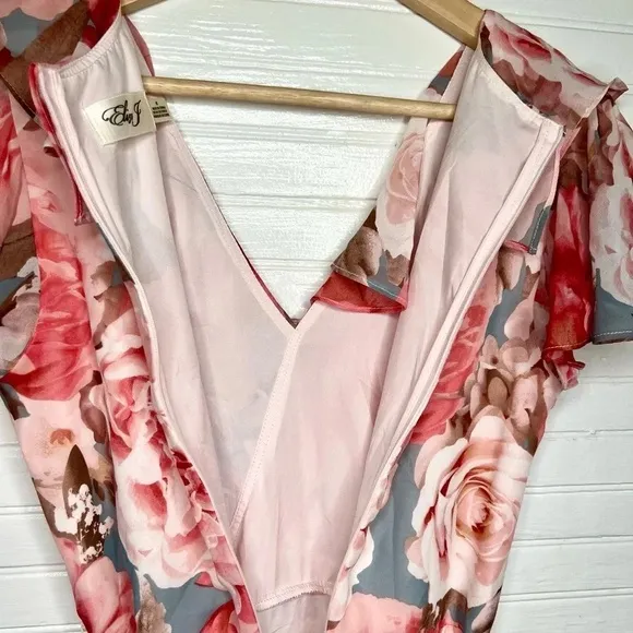 Eliza J Pink Floral Print Chiffon Faux Wrap Asymmetrical Ruffle Maxi Dress Sz 6