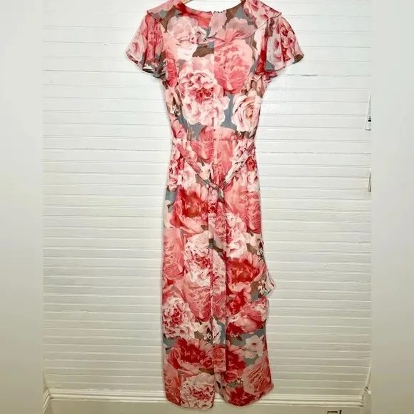 Eliza J Pink Floral Print Chiffon Faux Wrap Asymmetrical Ruffle Maxi Dress Sz 6