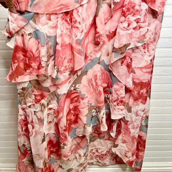 Eliza J Pink Floral Print Chiffon Faux Wrap Asymmetrical Ruffle Maxi Dress Sz 6