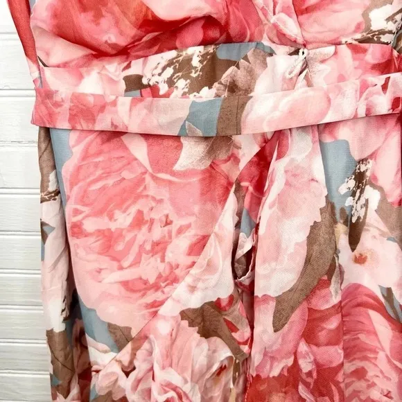 Eliza J Pink Floral Print Chiffon Faux Wrap Asymmetrical Ruffle Maxi Dress Sz 6