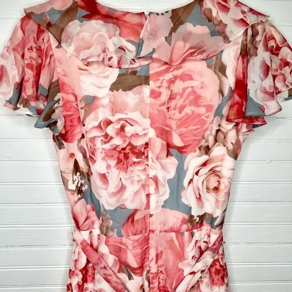 Eliza J Pink Floral Print Chiffon Faux Wrap Asymmetrical Ruffle Maxi Dress Sz 6