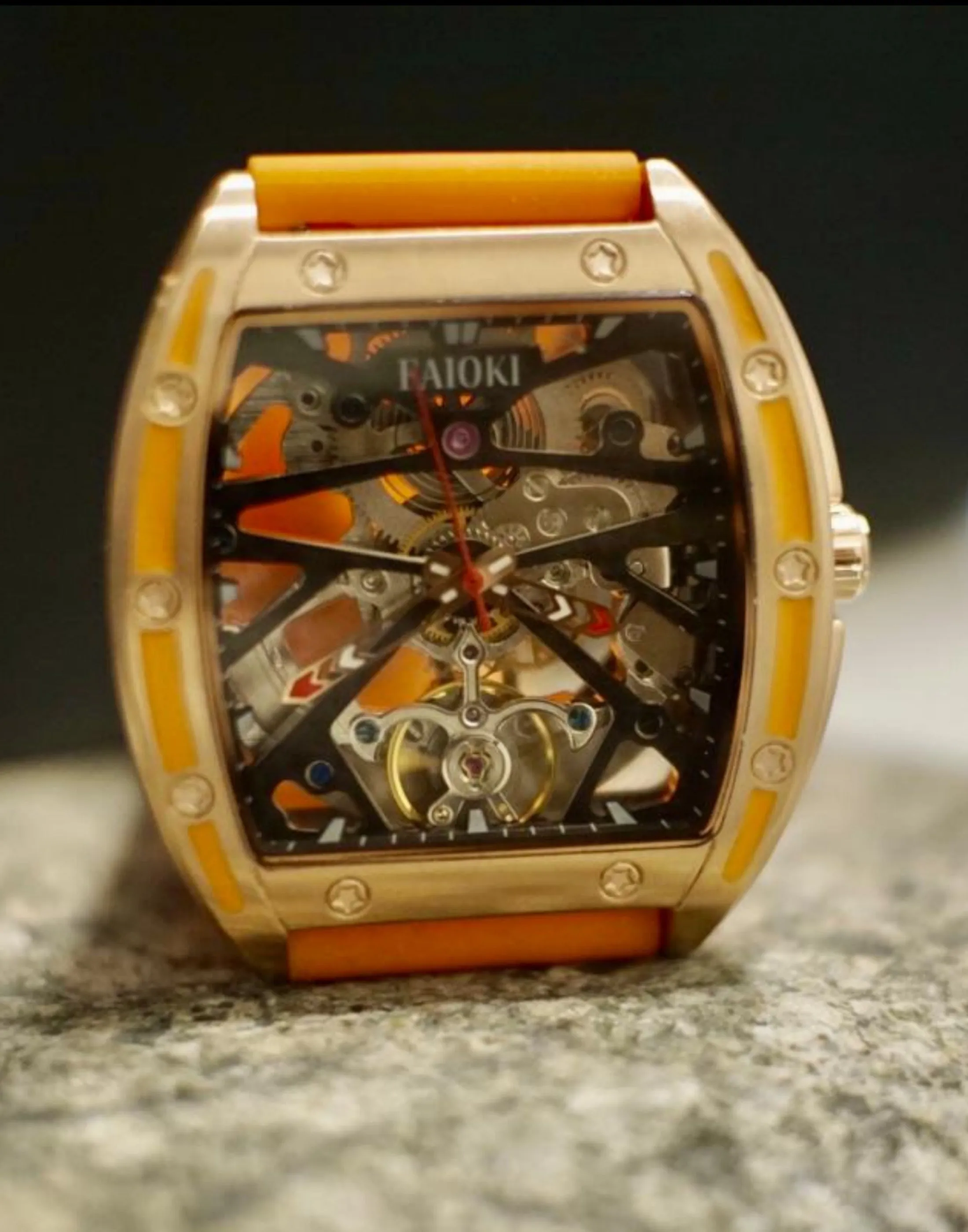 Faioki Tourbillon Style "Golden Orange" Skeleton Automatic watch 45mm long 40mm wide