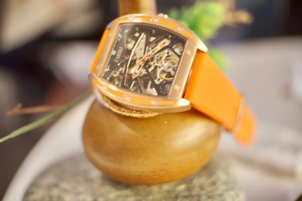 Faioki Tourbillon Style "Golden Orange" Skeleton Automatic watch 45mm long 40mm wide