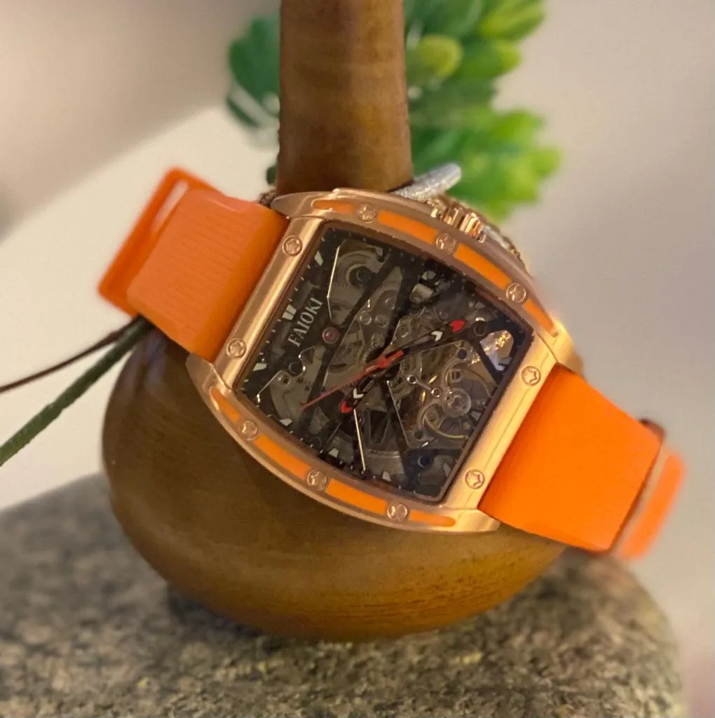 Faioki Tourbillon Style "Golden Orange" Skeleton Automatic watch 45mm long 40mm wide
