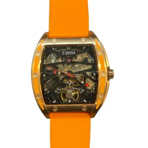 Faioki Tourbillon Style "Golden Orange" Skeleton Automatic watch 45mm long 40mm wide