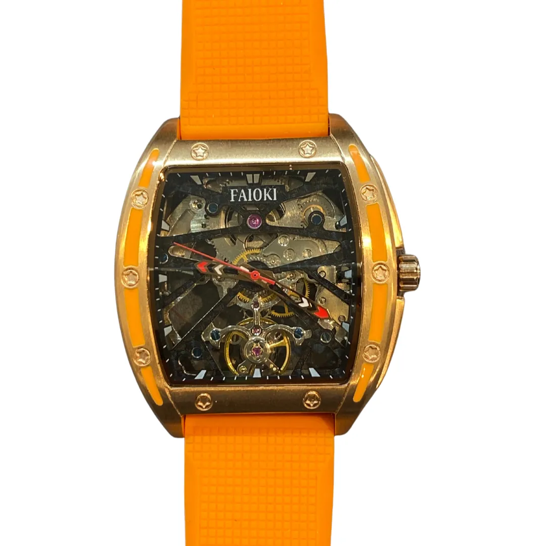 Faioki Tourbillon Style "Golden Orange" Skeleton Automatic watch 45mm long 40mm wide