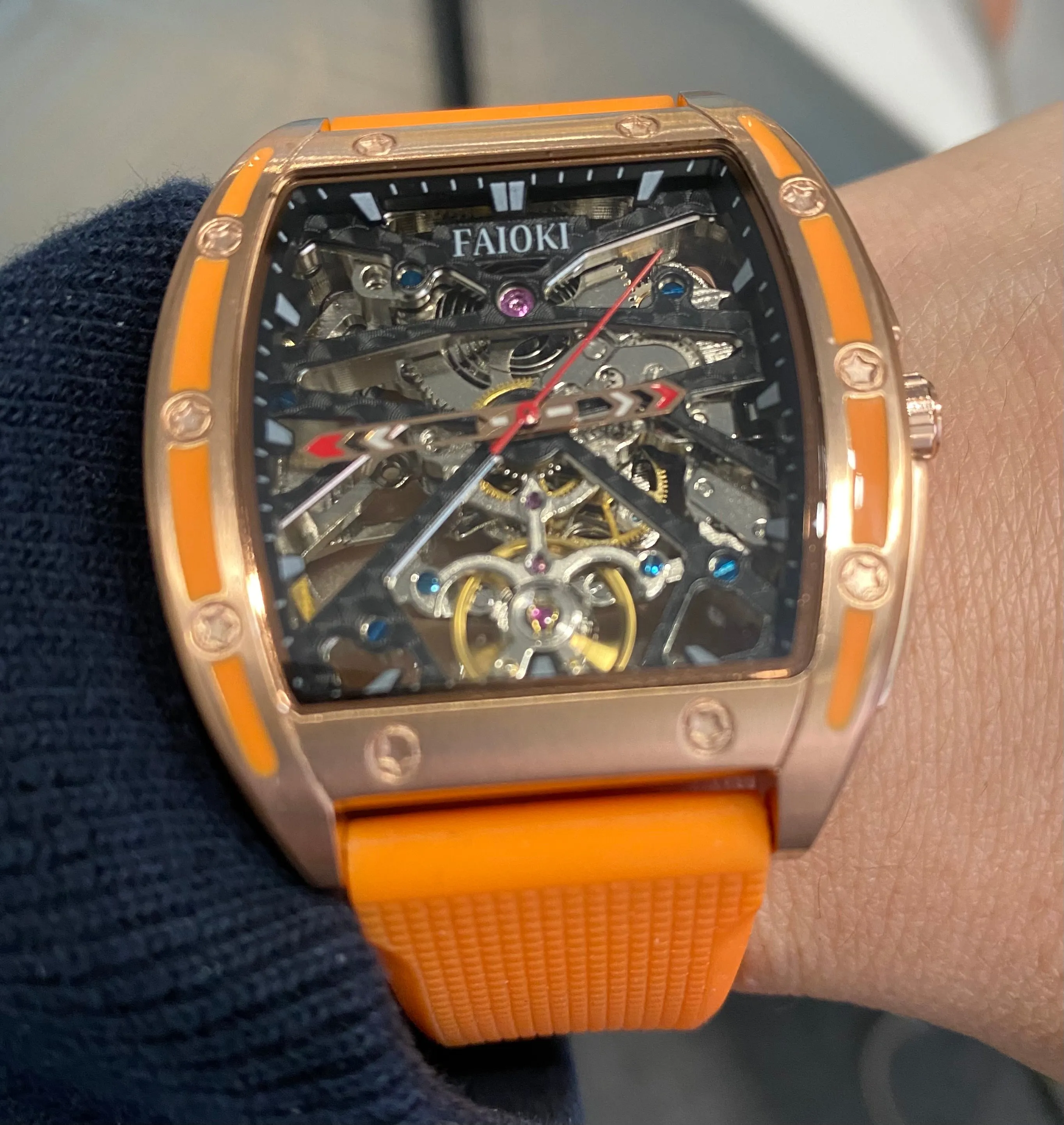 Faioki Tourbillon Style "Golden Orange" Skeleton Automatic watch 45mm long 40mm wide