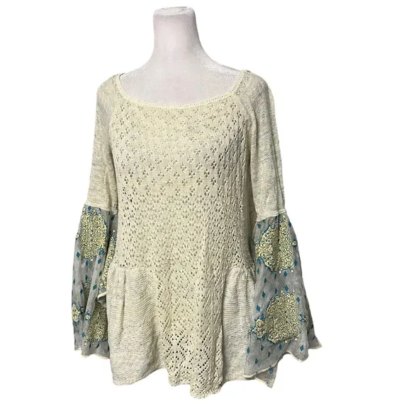 Free People Pointelle Breeze Knit Sweater Bell Sleeves Size Small