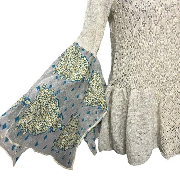 Free People Pointelle Breeze Knit Sweater Bell Sleeves Size Small