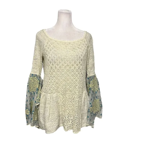 Free People Pointelle Breeze Knit Sweater Bell Sleeves Size Small
