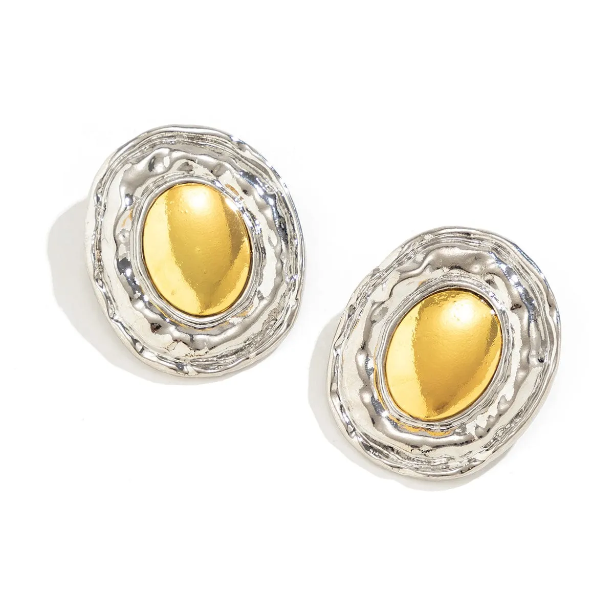 Geometric Two Tone Metal Glossy Oval Earrings
