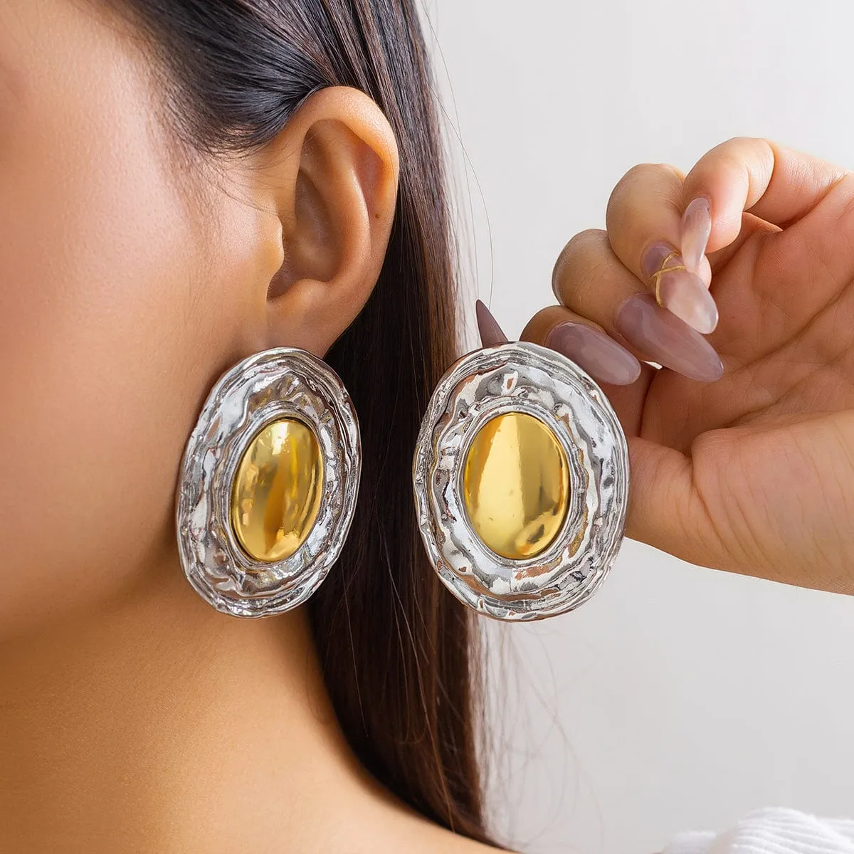 Geometric Two Tone Metal Glossy Oval Earrings