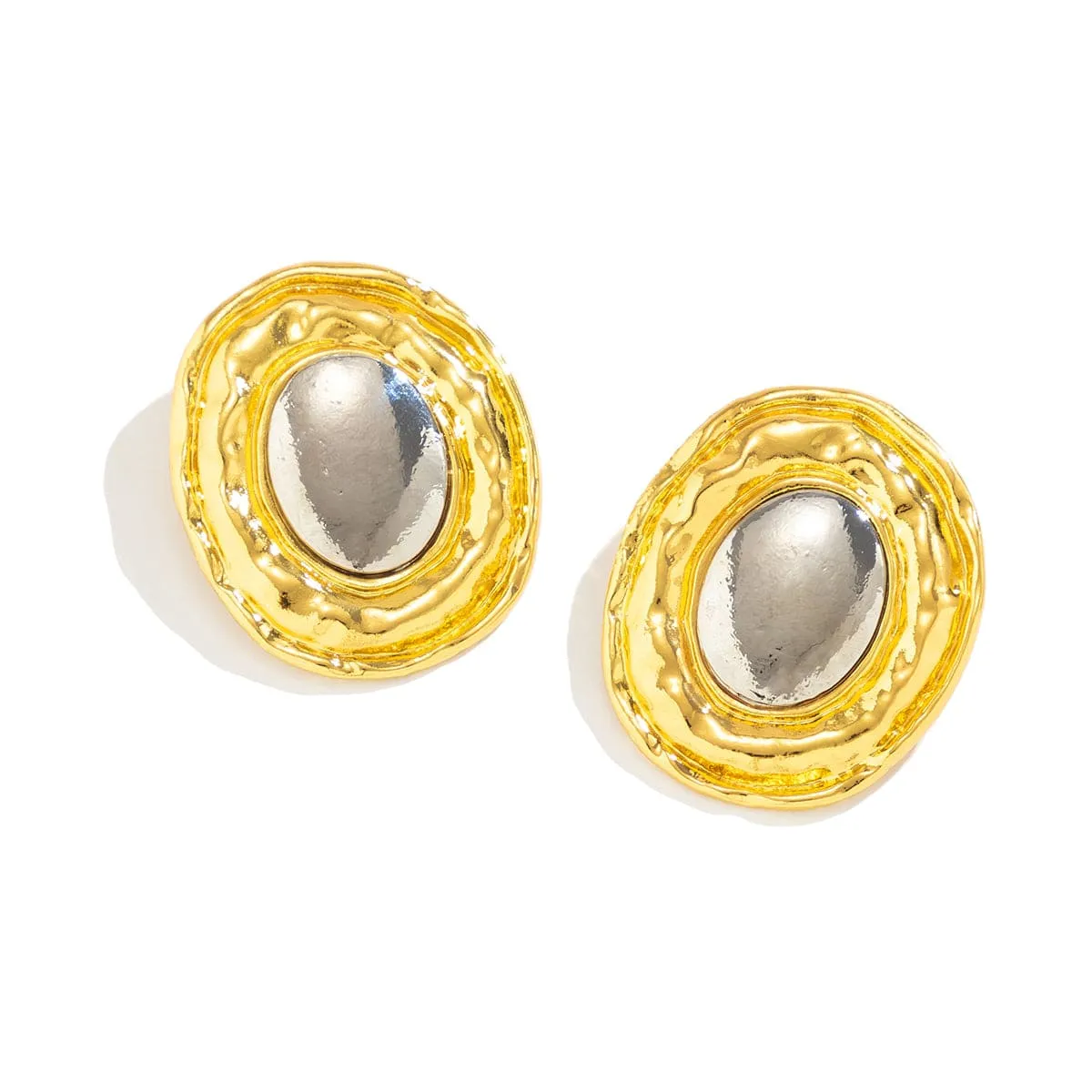 Geometric Two Tone Metal Glossy Oval Earrings