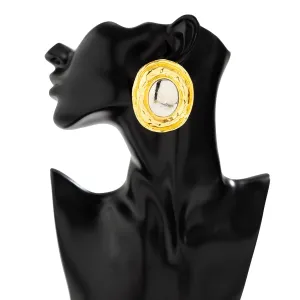 Geometric Two Tone Metal Glossy Oval Earrings