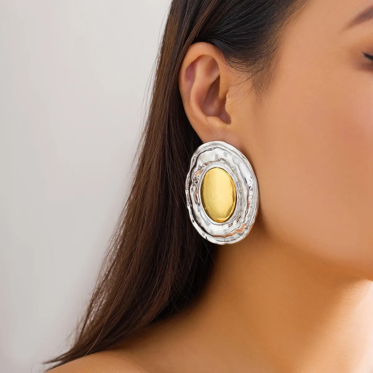 Geometric Two Tone Metal Glossy Oval Earrings