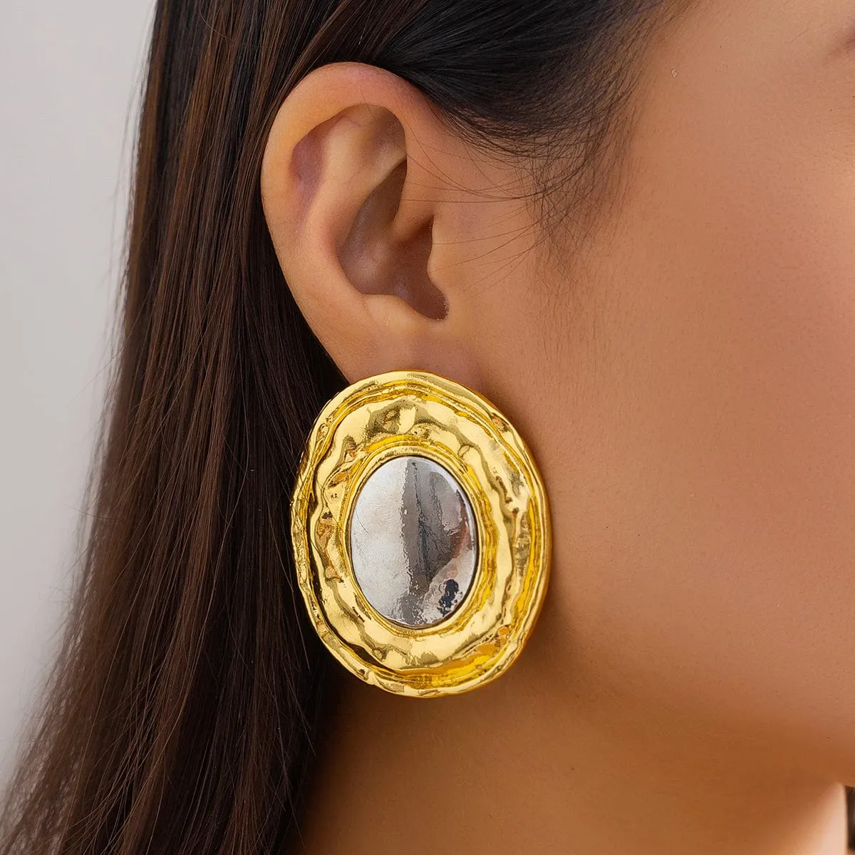 Geometric Two Tone Metal Glossy Oval Earrings