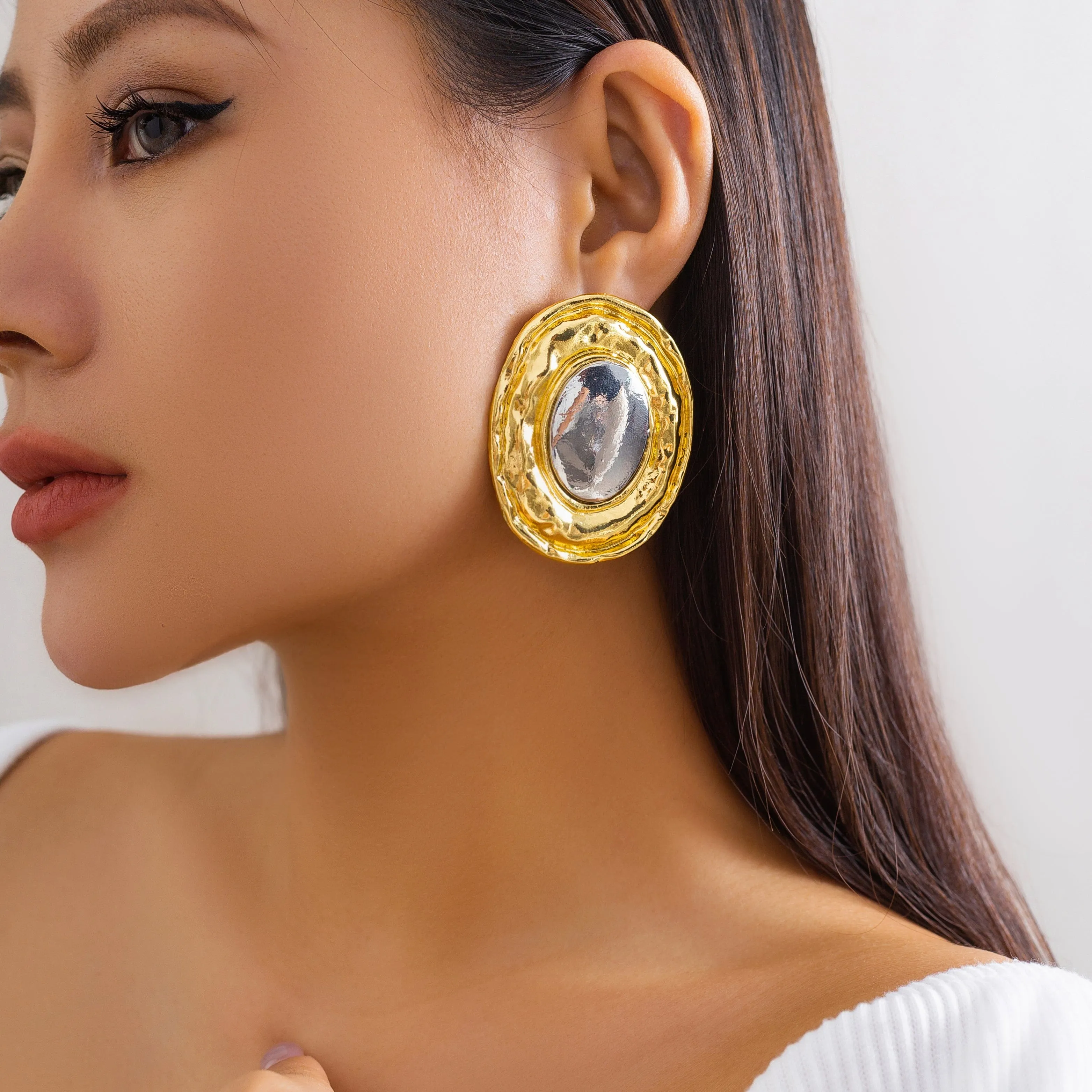 Geometric Two Tone Metal Glossy Oval Earrings