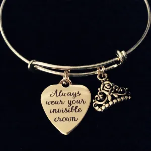 Gold Always Wear Your Invisible Crown Expandable Charm Bracelet Adjustable Bangle Inspirational Tiara