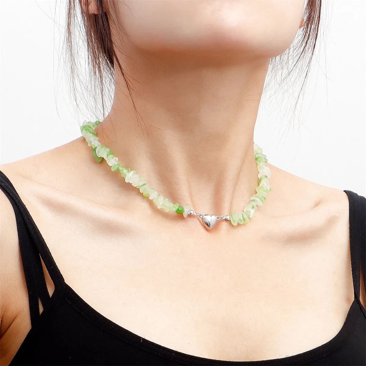 Green Resin & Silver-Plated Heart Pendant Necklace