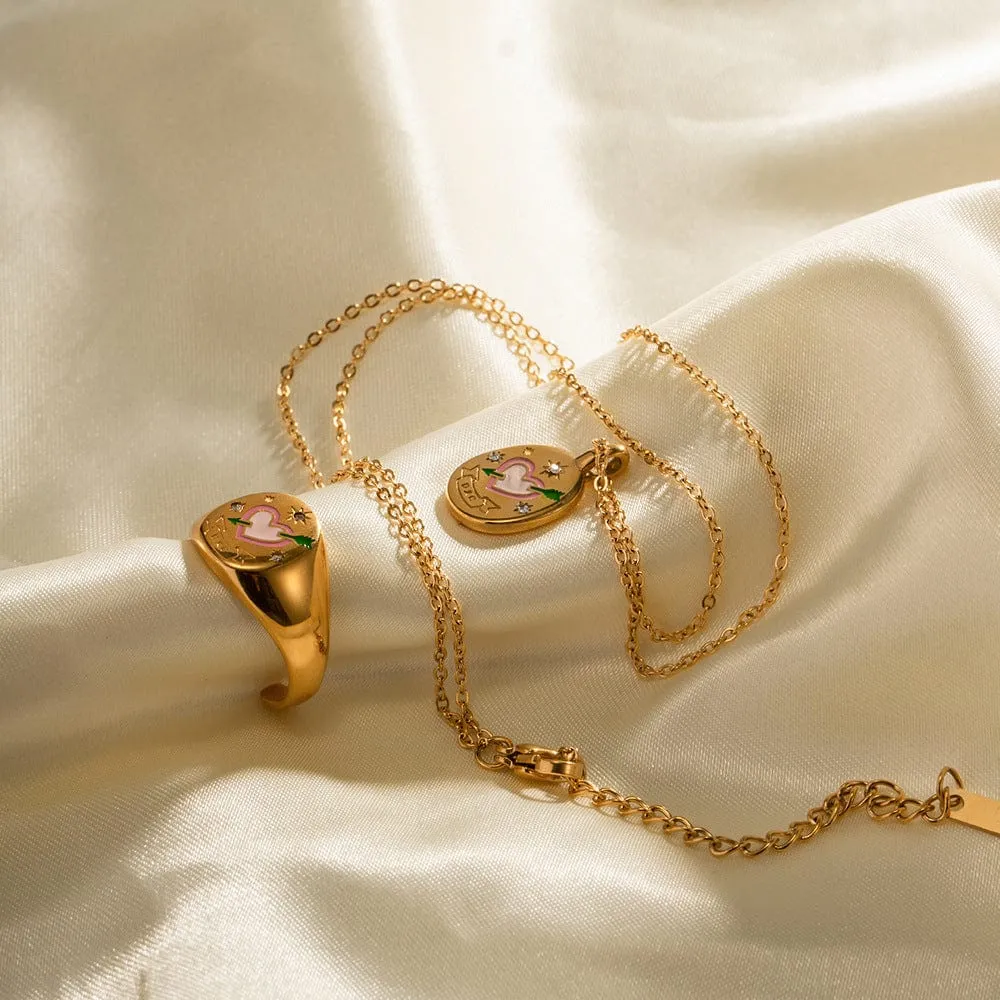 Hand Painted 24K Gold Filled Stainless Steel Arrow Heart Necklace Ring Set