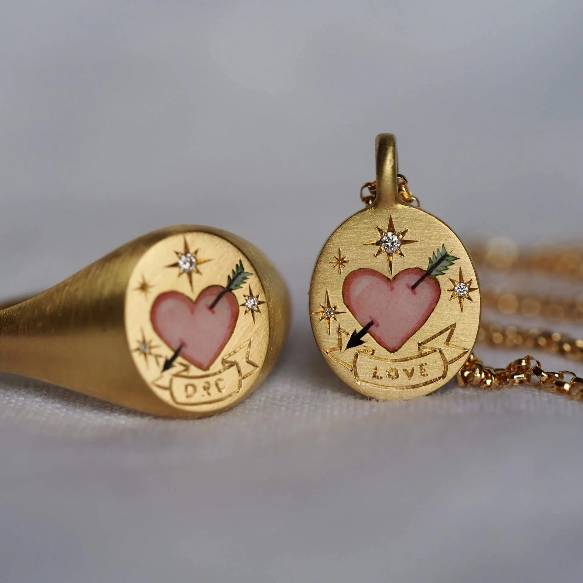 Hand Painted 24K Gold Filled Stainless Steel Arrow Heart Necklace Ring Set