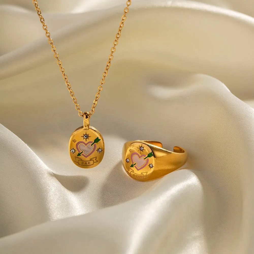 Hand Painted 24K Gold Filled Stainless Steel Arrow Heart Necklace Ring Set