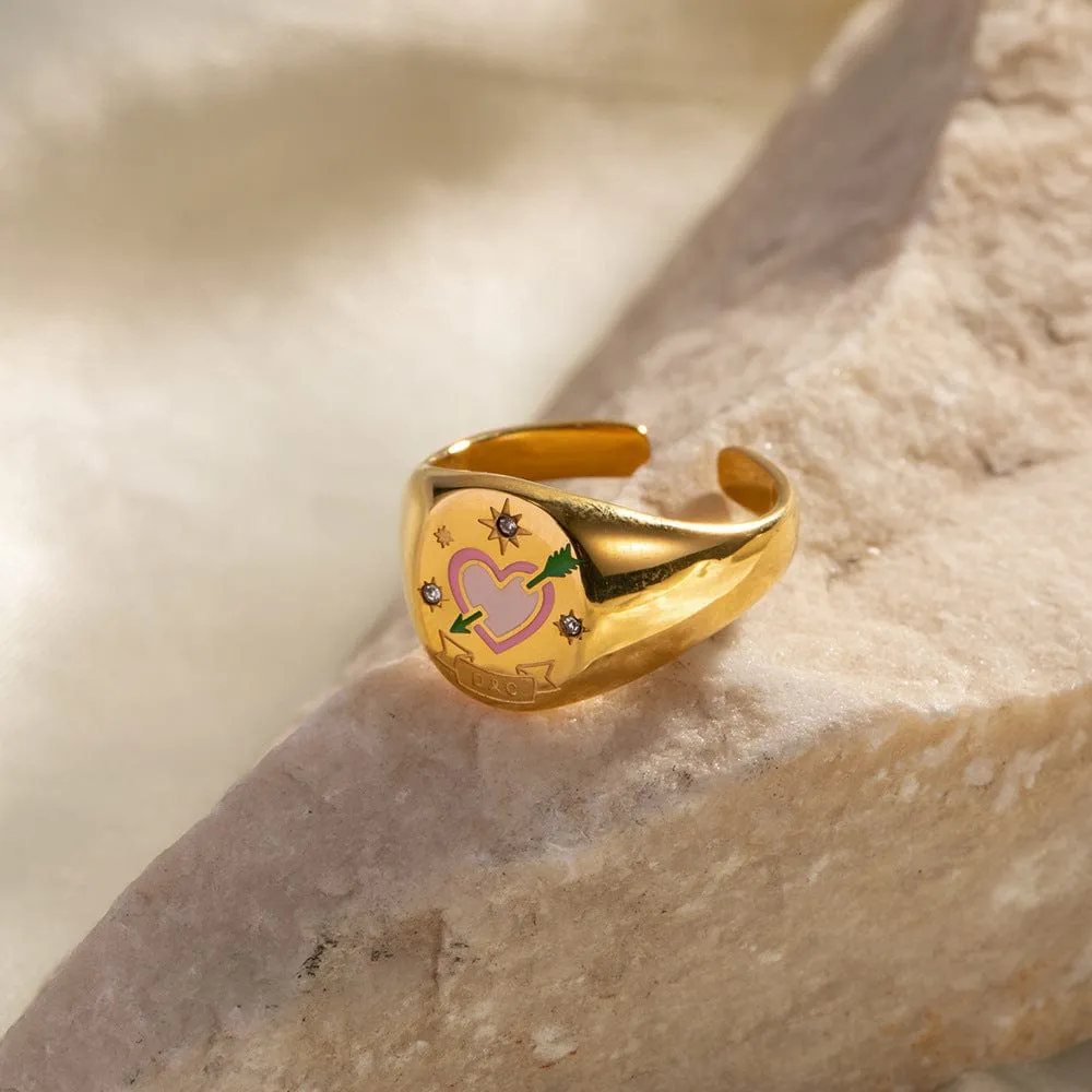 Hand Painted 24K Gold Filled Stainless Steel Arrow Heart Necklace Ring Set