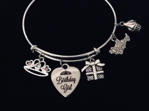 Happy Birthday Girl Expandable Charm Bracelet Silver Adjustable Bangle Trendy One Size Fits All Gift Princess Tiara Present Cupcake